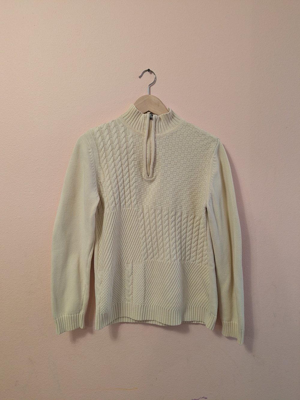 Karen Scott Cream Quarter-Zip Textured Knit Cotton Sweater